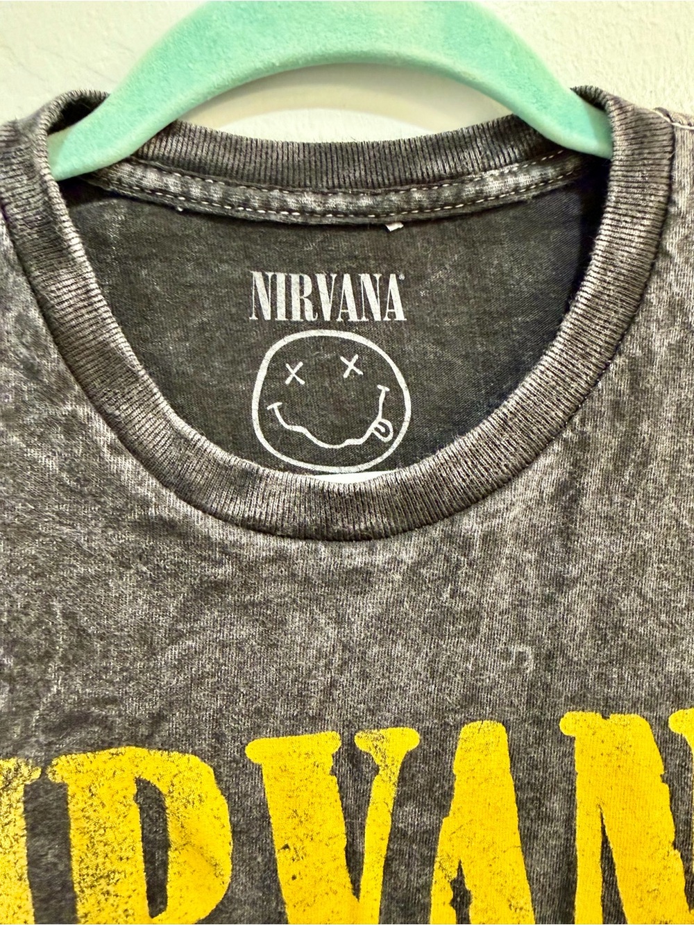 Nirvana Smiley Face Graphic T-Shirt Acid Wash Grey Black Oversized Boxy Womens M - Picture 6 of 11